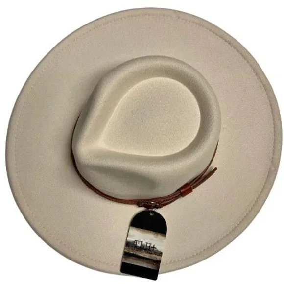 Wide Flat Brim Faux Suede Poly Buckle Fashion Hat Cream Minimalist Boho Chic OS - Picture 3 of 6